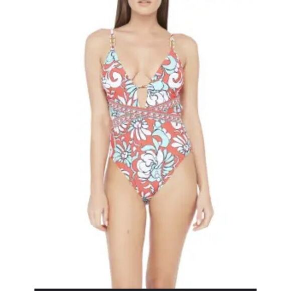 Trina Turk $158 Garden Bloom Plunge One Piece Swimsuit Red Gold Hardware Size L - Picture 1 of 9